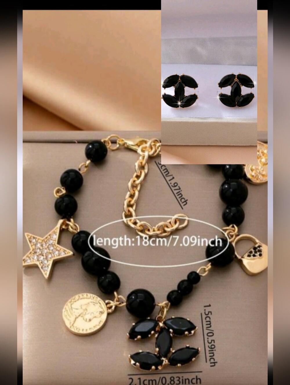 Fashion nspired Black Crystal Stud Earrings and Charm Bracelet Set - Picture 11 of 12